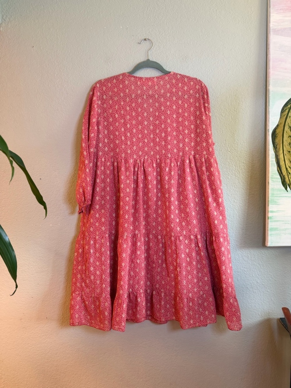 Scandal Ordell Cotton Pink Gold Bohemian Tiered Balloon Sleeve V-neck Dress L - Picture 7 of 10